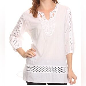 NWT Sakkas Velga Embroidered 3/4 Length Sleeves Crochet  V Neck Tunic Blouse